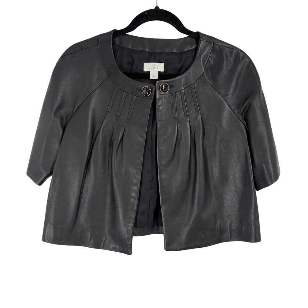 Ann Taylor LOFT Black Leather Cropped Pleated Jacket Size 4 58-223247